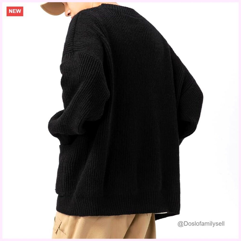 Men's Cable Knit Cardigan Sweater, V-Neck, Long Sleeve, Oversized Streetwear - Picture 4 of 7